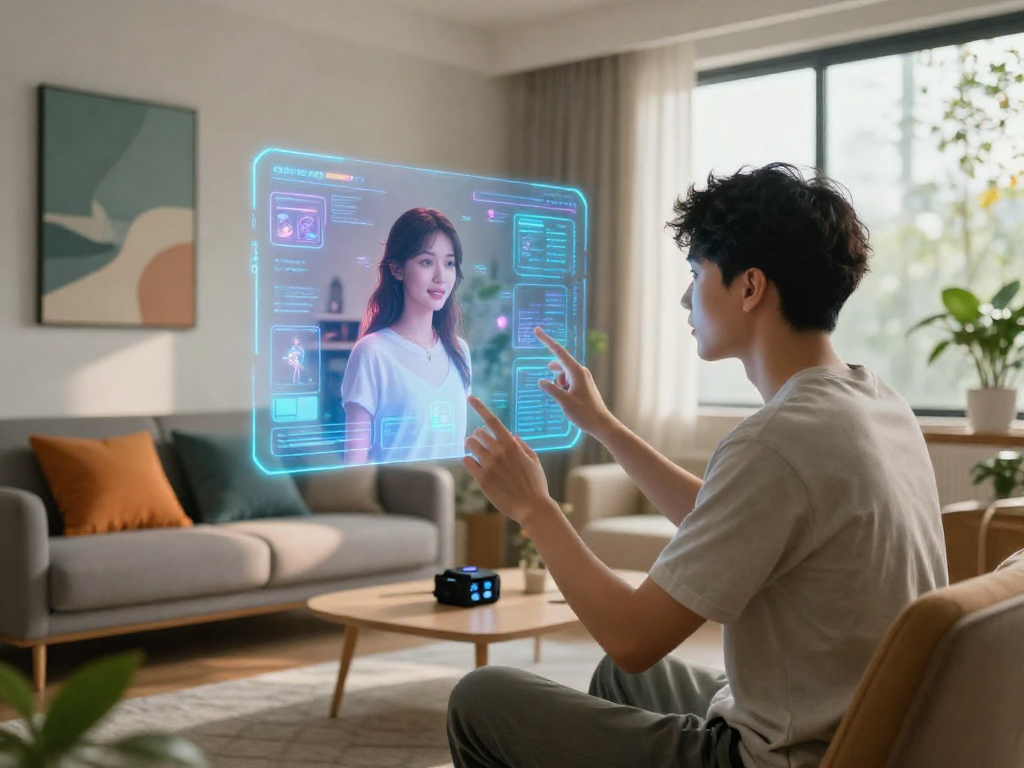 Engaging with an AI girlfriend in a modern living room, showcasing futuristic holographic interaction and smart technology.