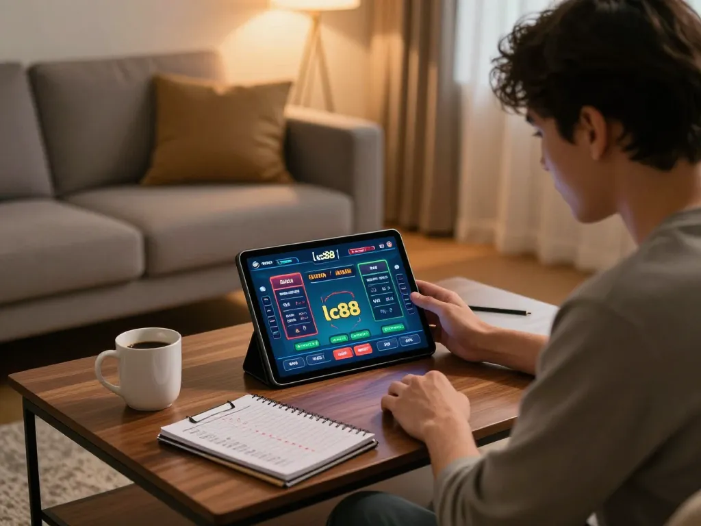 Engaged user analyzing betting options in lc88 game interface during cozy home session.