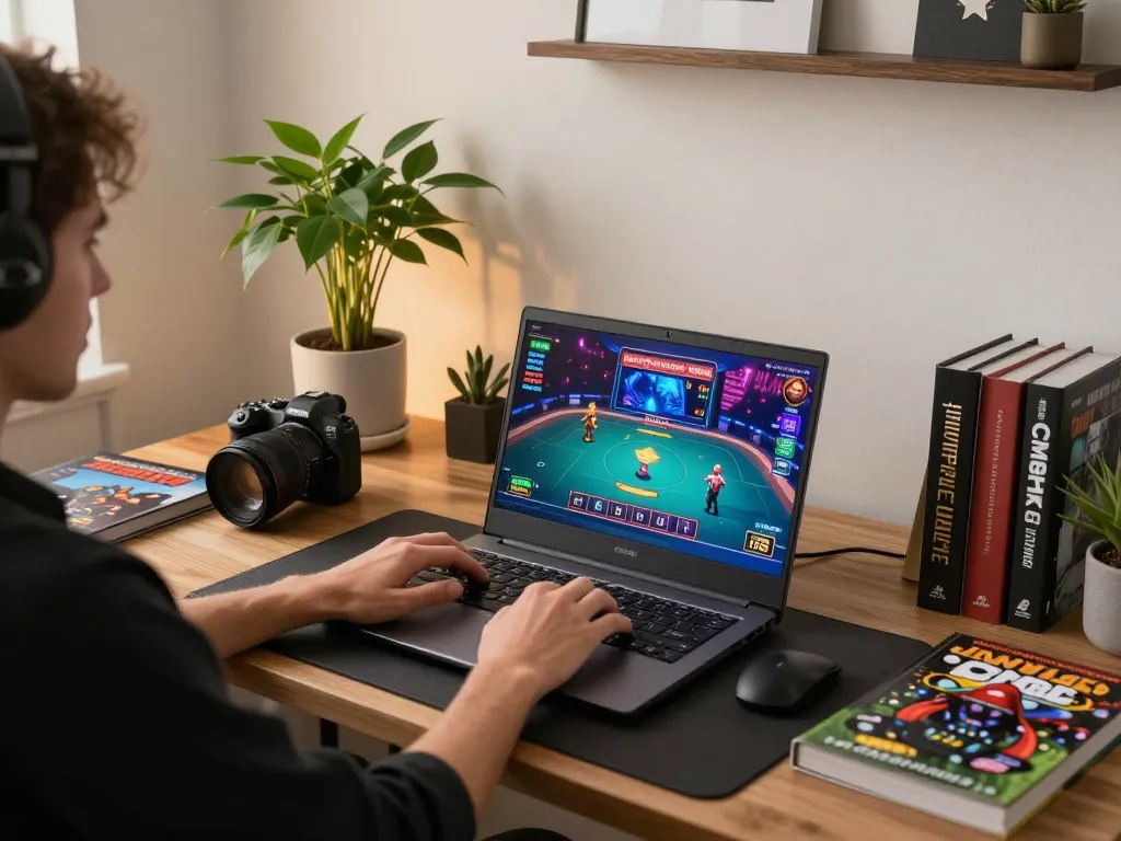 Person playing on CM88 gaming platform in a stylish home office, showcasing a strategic online gambling setup