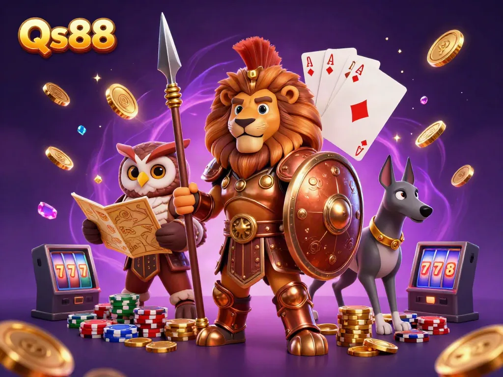 Engage with the thrilling world of Qs88, showcasing a Spartan lion surrounded by golden coins and gaming symbols.
