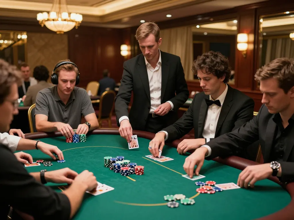 Players engage in strategy at a poker table, showcasing man88's thrilling casino experience.