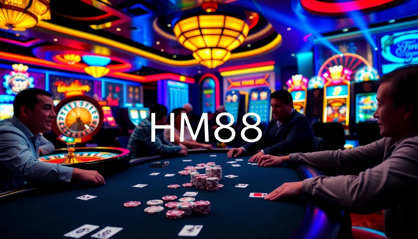 Experience the thrill of high-stakes gaming at HM88 Casino, featuring poker and roulette tables.