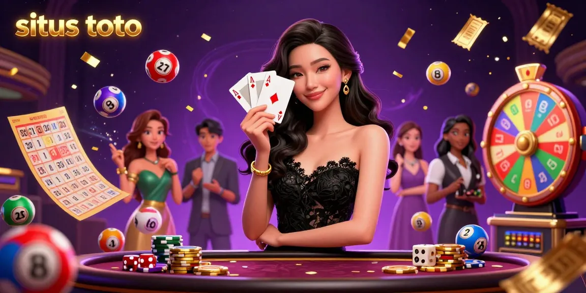 Situs toto showcases an elegant Asian woman revealing winning poker strategies amidst vibrant lottery elements.
