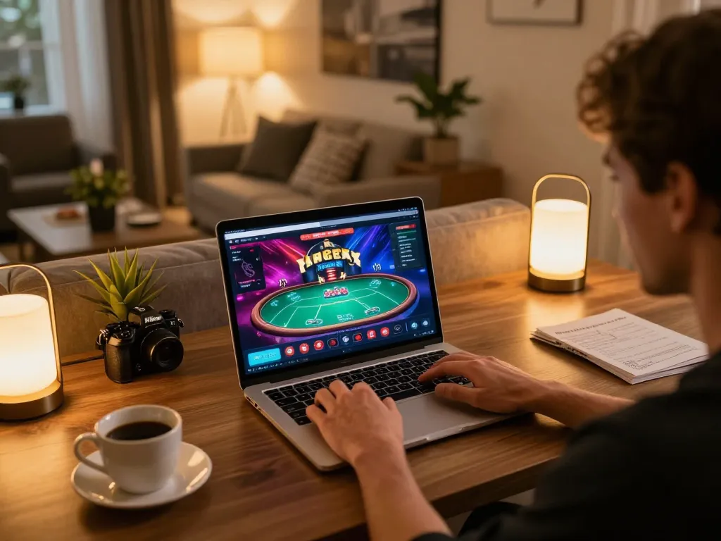 Engaged user playing poker on lc88pro with vibrant online interface in cozy home setup