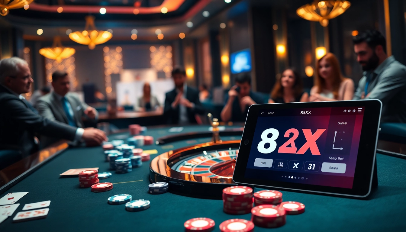 Exciting casino scene with vibrant colors and poker elements featuring the 8XX app interface.