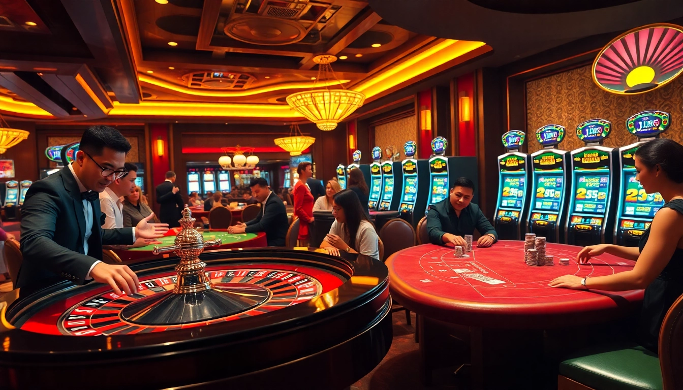 Playing exciting casino games at https://www.jl55.club/ with roulette and poker tables filled with eager gamblers.