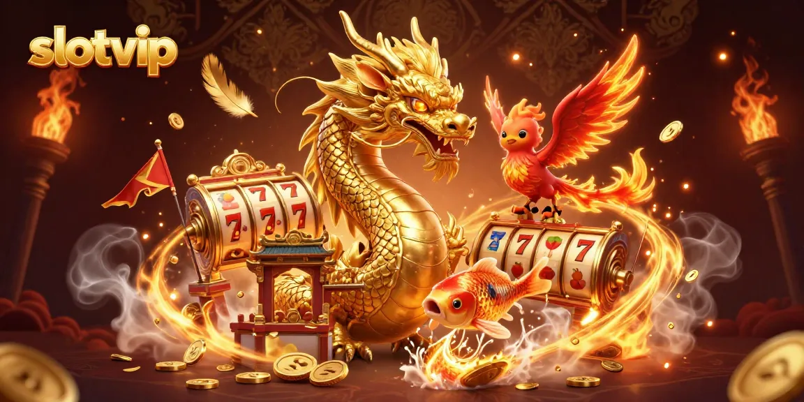 Spin the reels at slotvip with an epic dragon, phoenix, and koi fish in a dynamic casino scene.