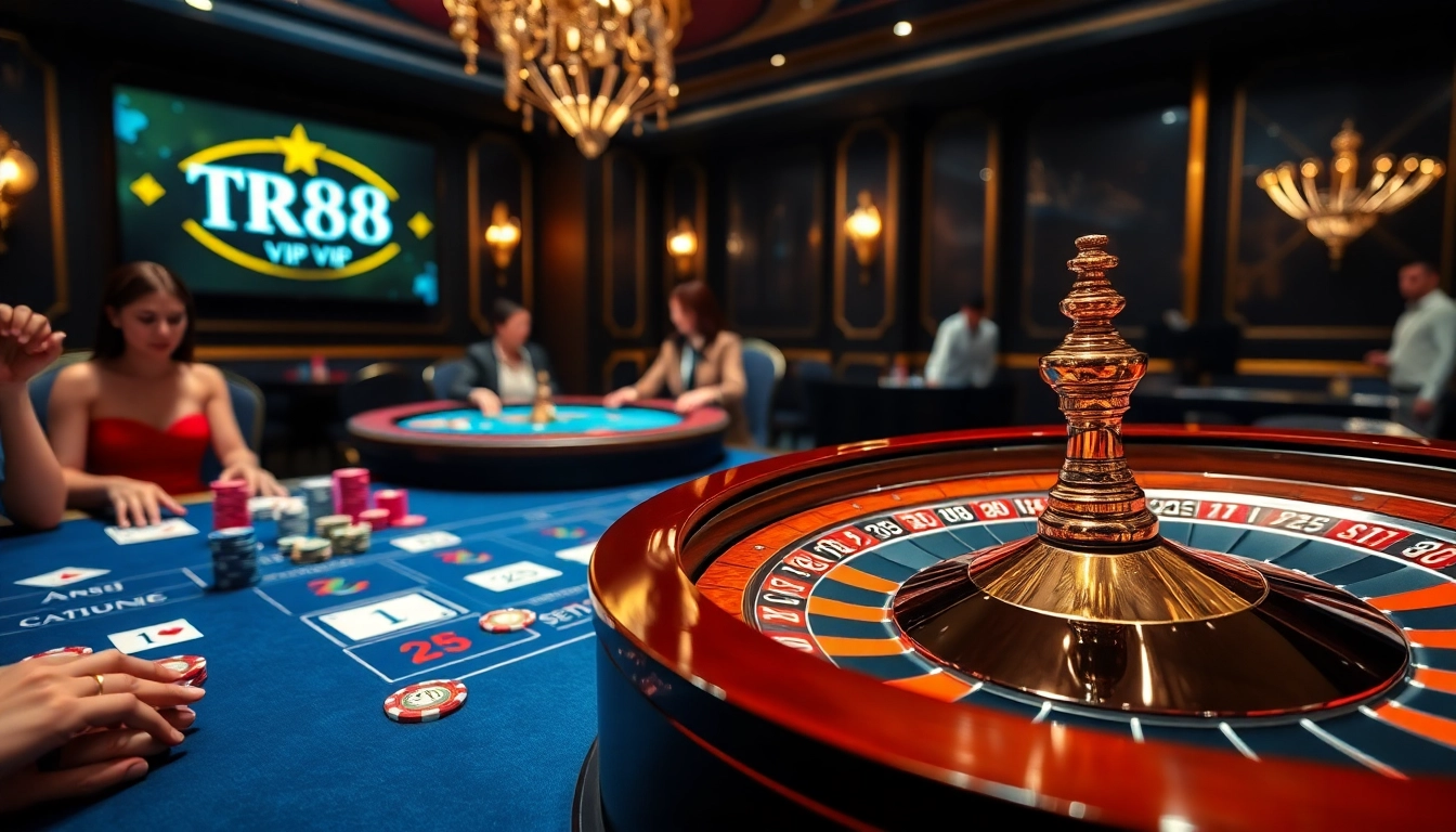 Experience the thrill of TR88 vip gambling with luxury casino elements like cards, chips, and roulette.