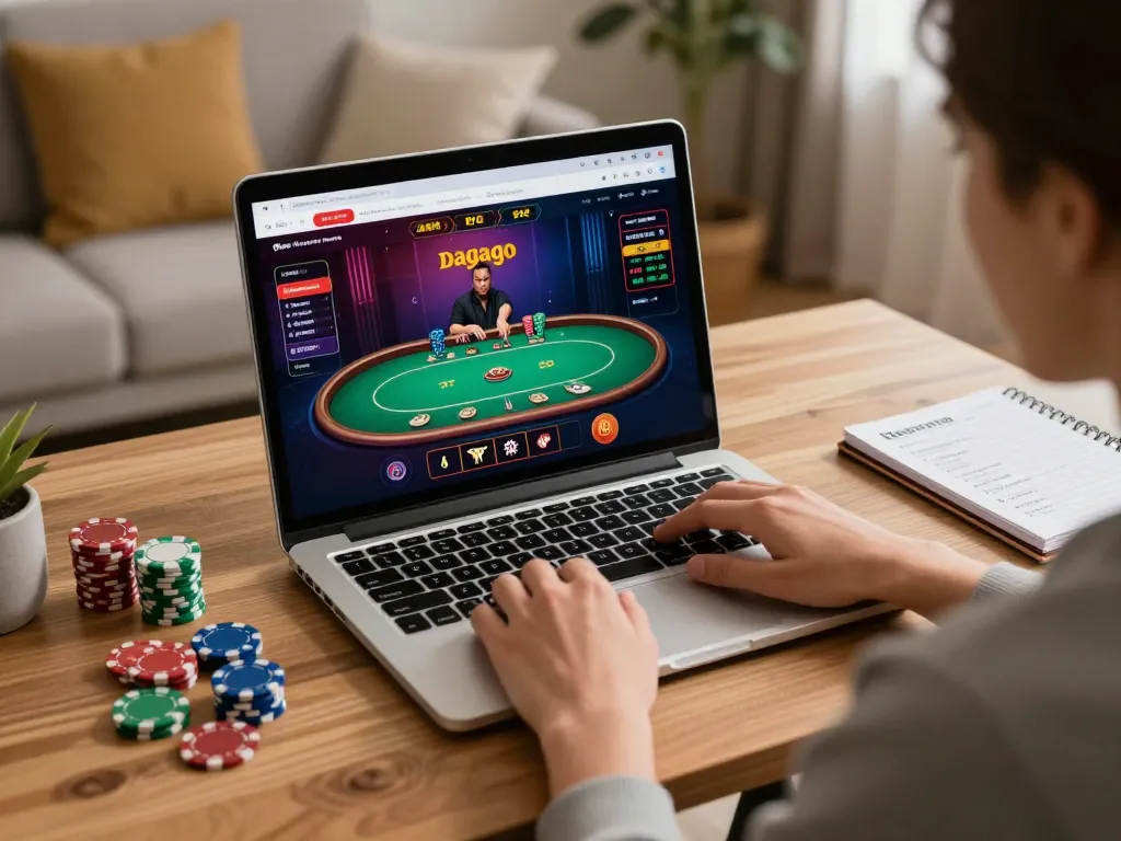 Player engaged in dagago online casino gameplay, laptop showing live dealer poker.
