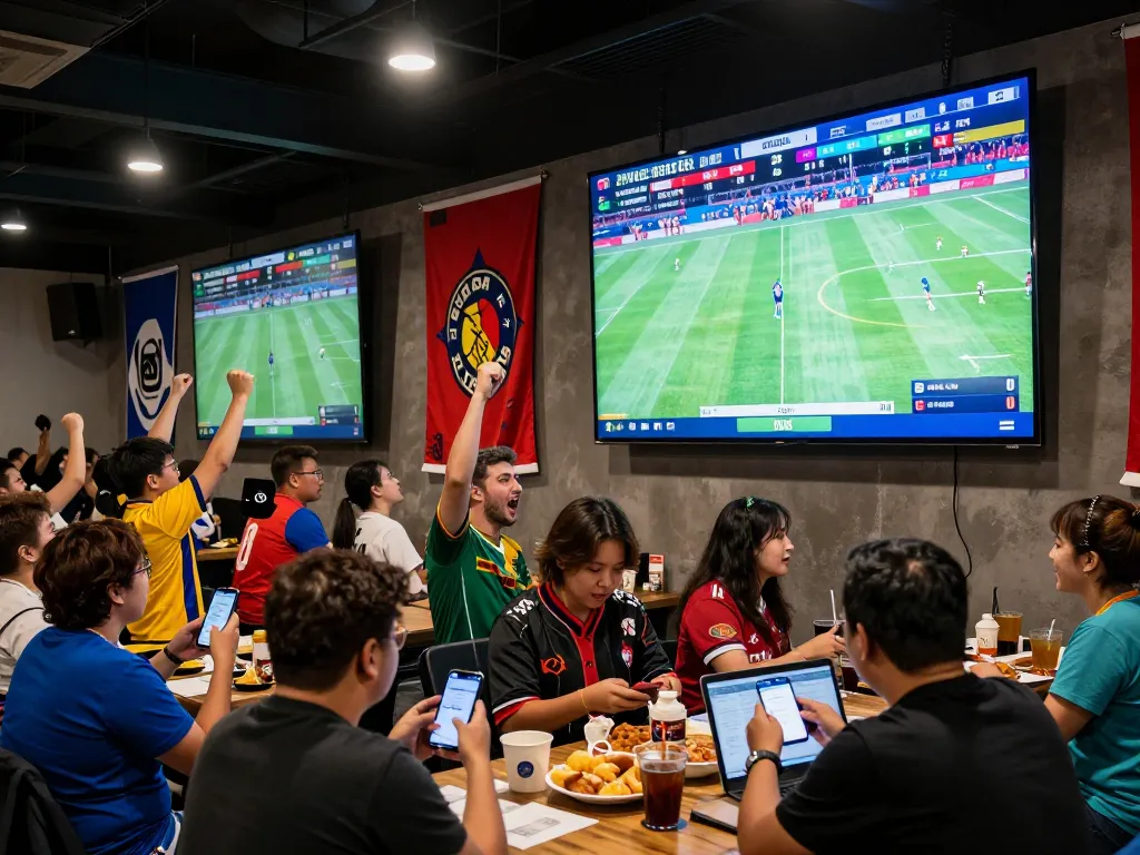 Fans enjoying the nowgoal live football experience in a vibrant atmosphere with scores displayed.