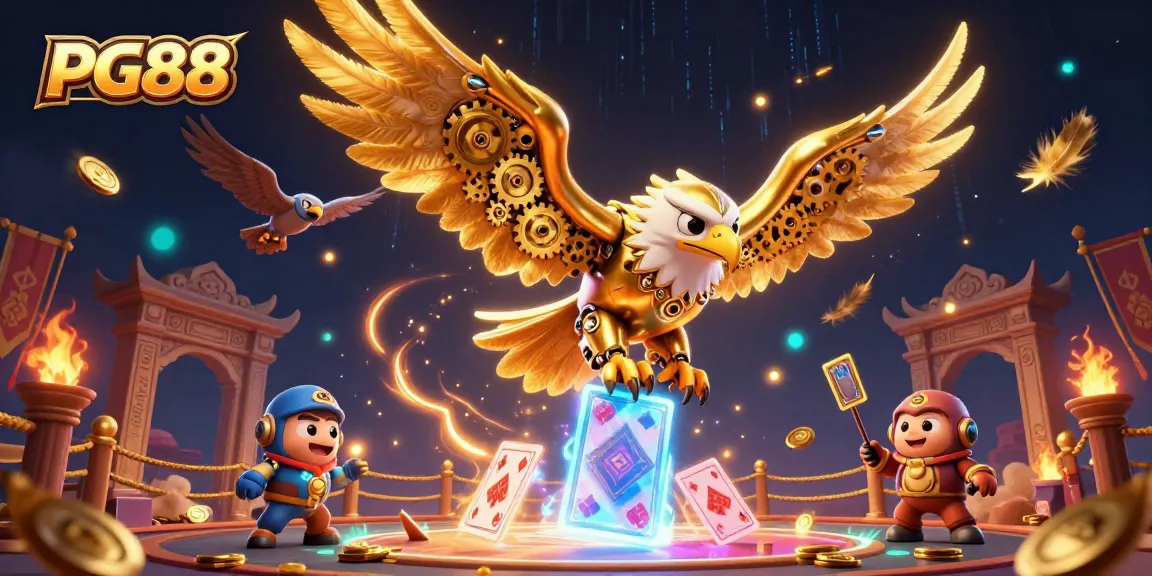 Experience thrilling wins at PG88 with a dazzling 3D illustration of a golden eagle amidst casino elements.
