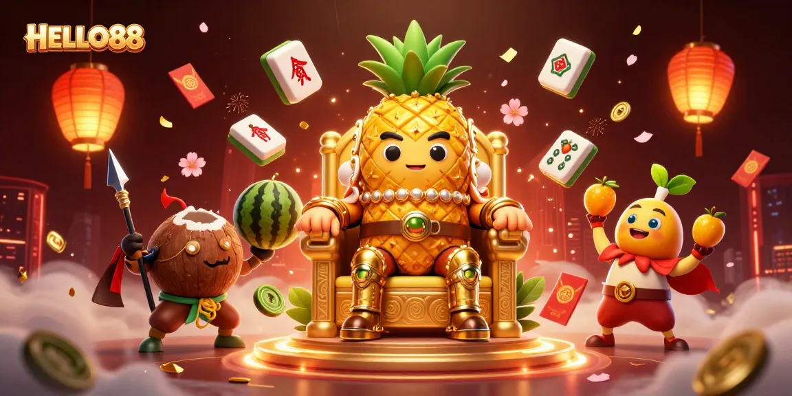 Experience HELLO88 as the golden pineapple king rules a vibrant beach casino with lively game elements.