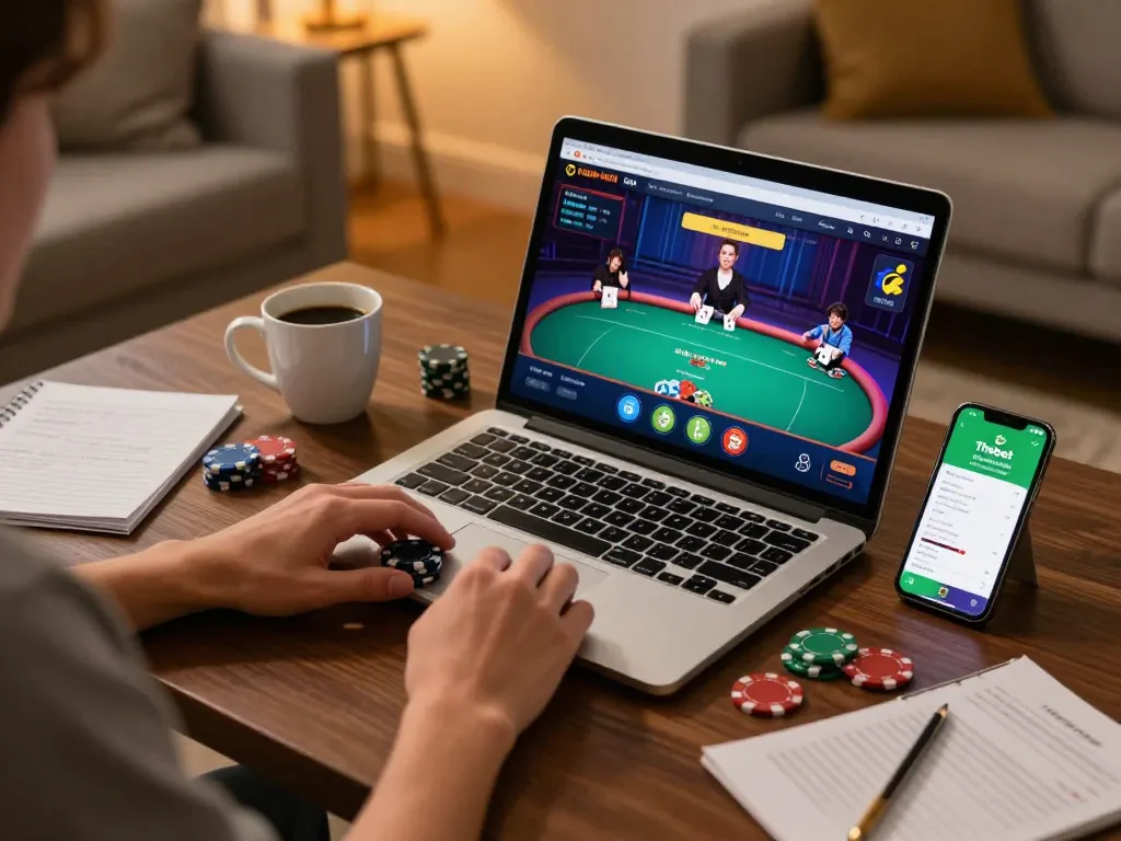 Engaging in online poker gameplay with Thabet app on a laptop, showcasing a cozy and strategic home gaming experience.