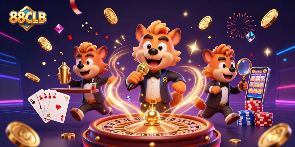 88CLB in a vibrant casino club scene with animated hyenas and dynamic gambling elements.