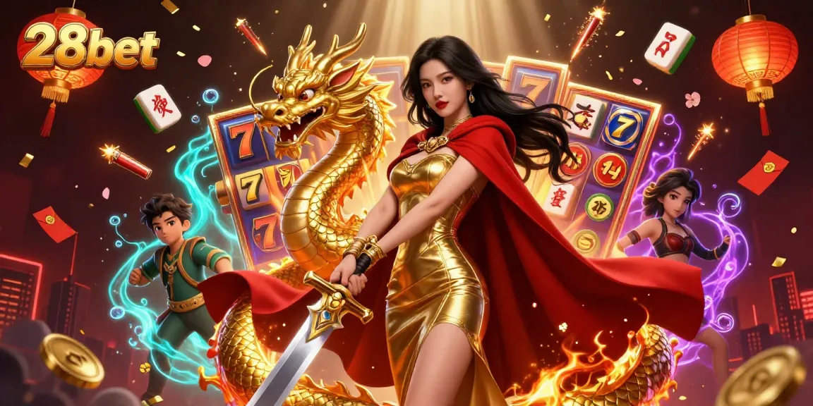 Experience the thrilling games at 28bet with a stunning warrior queen amidst dynamic slot action.
