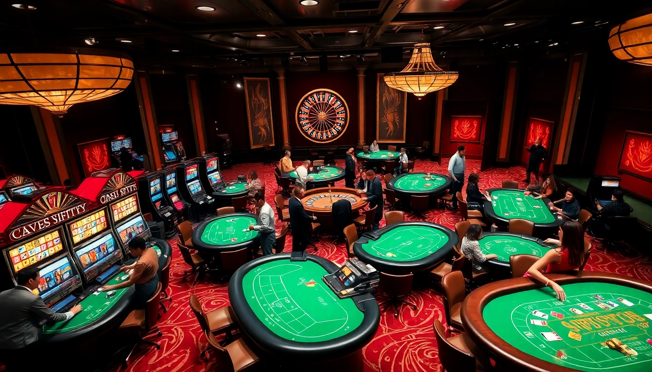 An engaging casino scene showcasing a lively gaming setup from https://e2bet-games.org with bustling tables and vibrant slot machines.