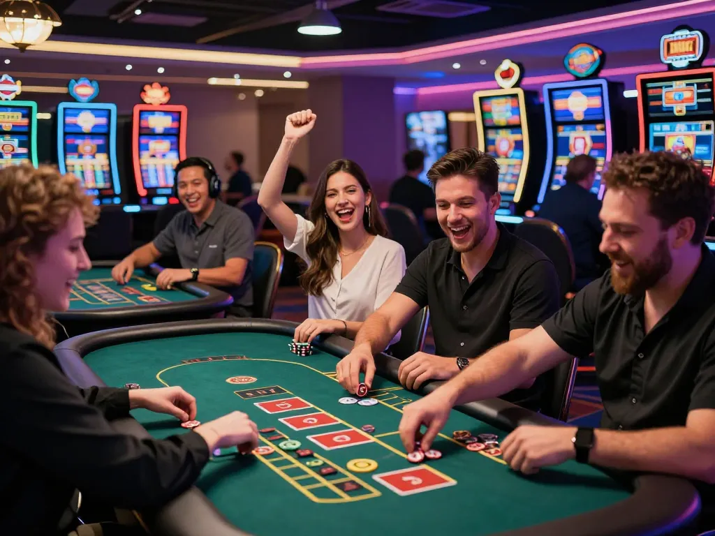 Exciting gaming experience at https://k88.town/ with players in a vibrant casino setting celebrating wins and engaging in various games.