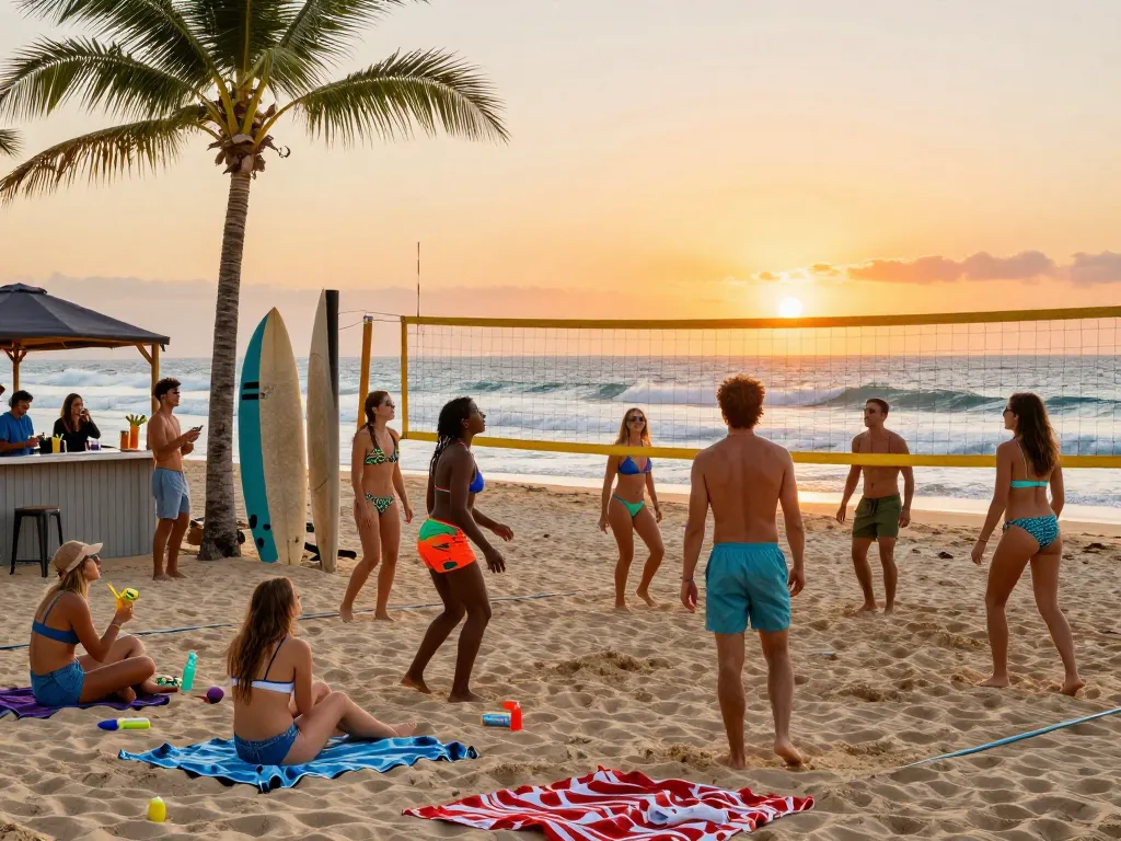 Friends enjoying a beach volleyball game at sunset, gem88 vibrant resort atmosphere