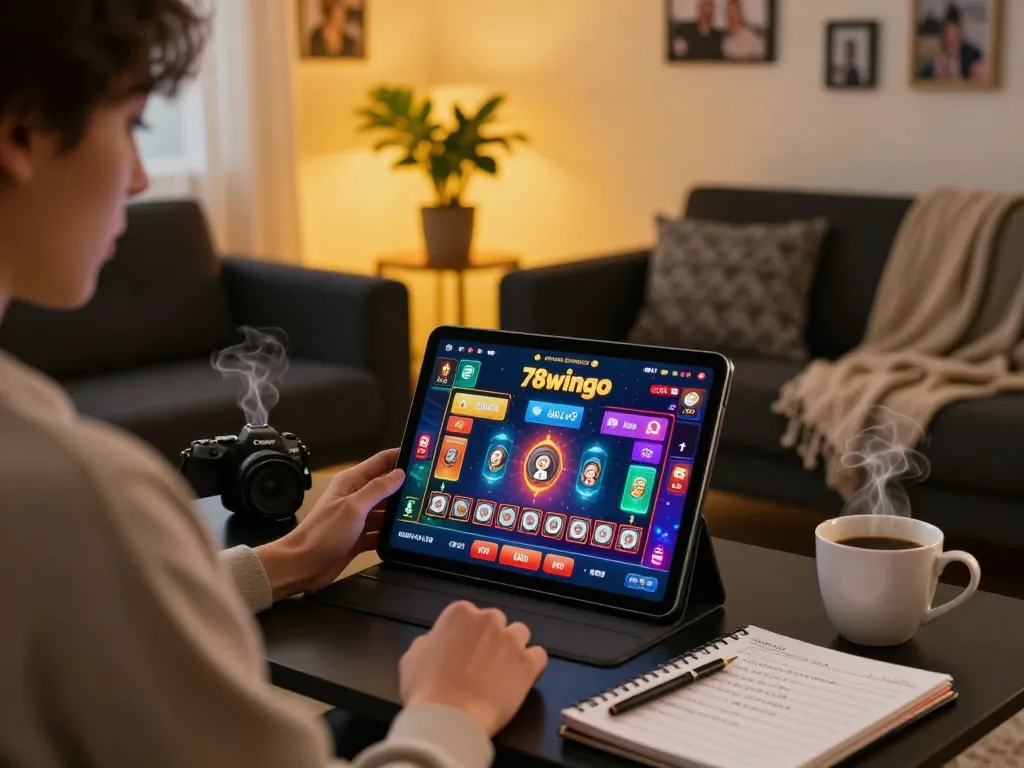 Engaging with the 78wingo online casino on a tablet in a cozy home setting, showcasing a strategic gaming atmosphere