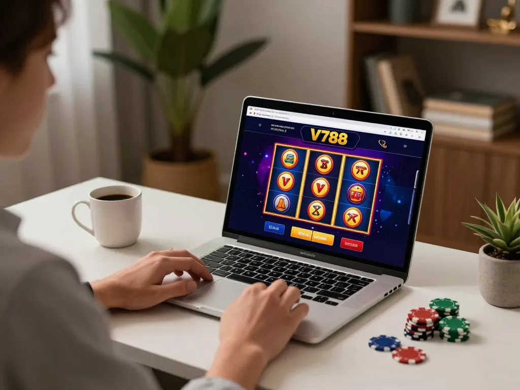 Engaging online gaming setup featuring V788 casino interface on laptop, showcasing a relaxed gambling atmosphere.