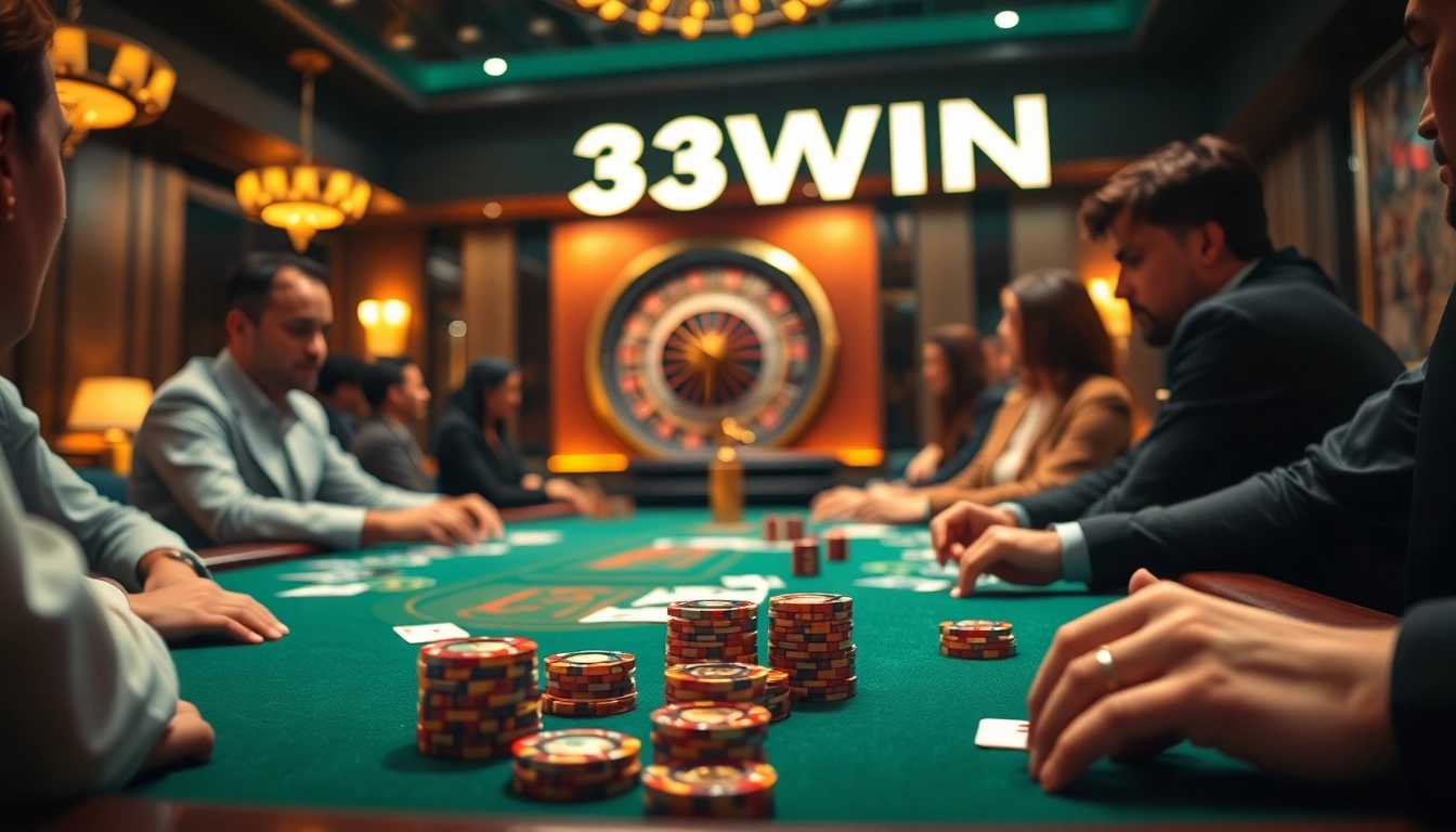 33WIN thrilling poker gameplay featuring vibrant chips, cards, and a roulette wheel in a glamorous casino.