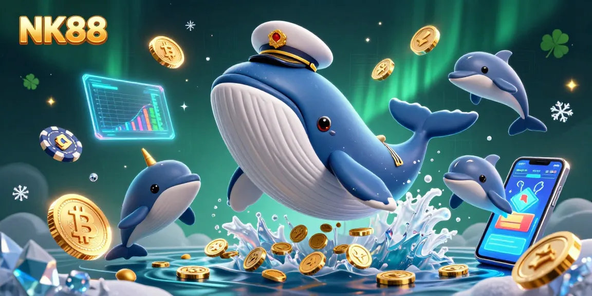 Navigating the exciting features of NK88 with a whale, narwhal, and playful dolphins surrounded by shining coins.