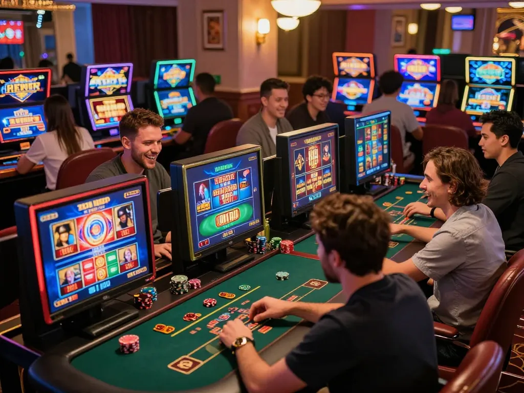 Players enjoying online casino gaming on devices at https://sc88.casino/ in a vibrant environment filled with colorful visuals.