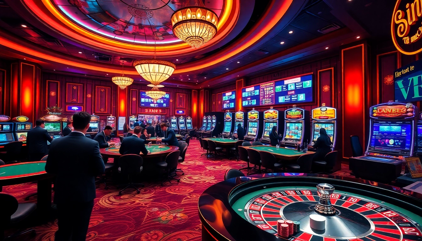 SIN88 casino scene with players around roulette wheel and poker tables, immersing in a luxurious gambling atmosphere.