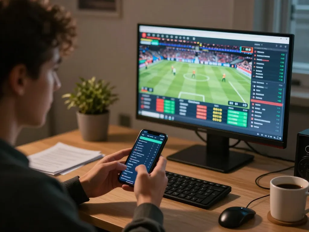 Betting on sports with debet app on smartphone in modern home office setting.
