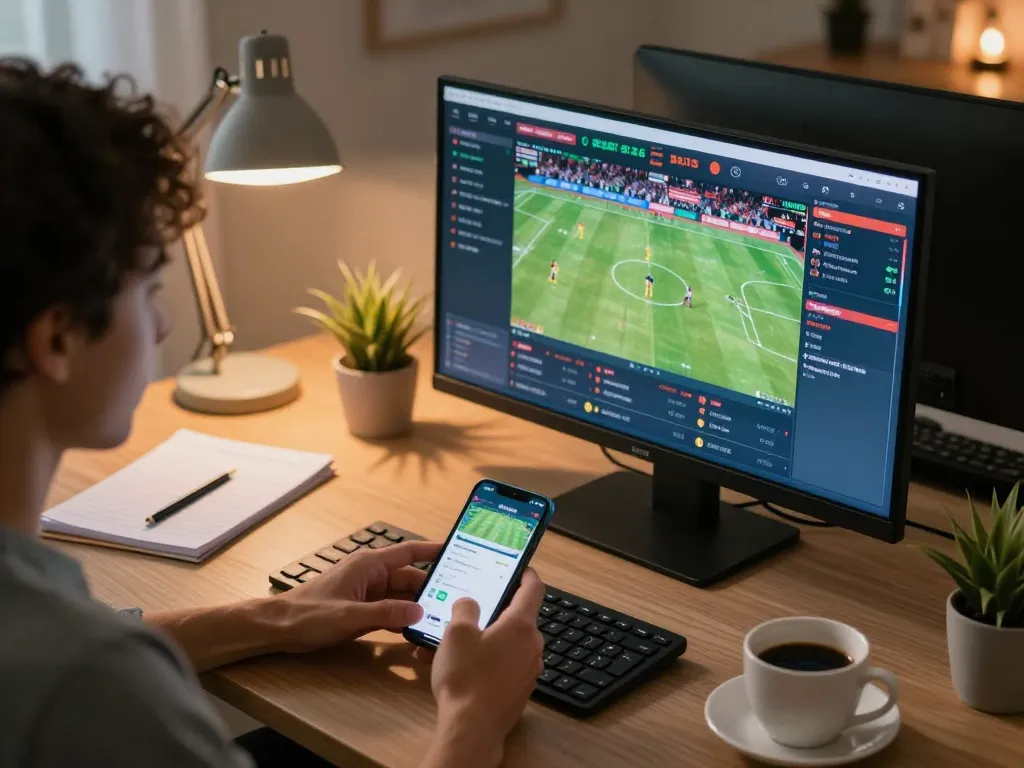 Fabet sports betting enthusiast engaging with multiple screens for strategic gameplay at home office.