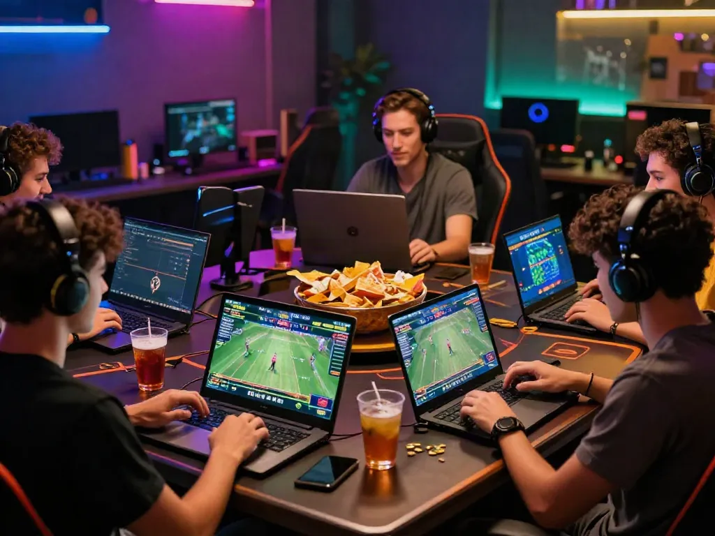 Friends enjoying an engaging online gaming session at DA88 with laptops and mobile devices.