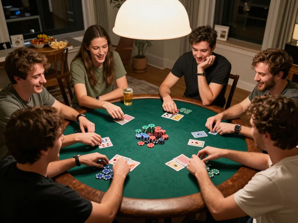 Players enjoying a poker night at home, showcasing uu88 strategies and camaraderie in action