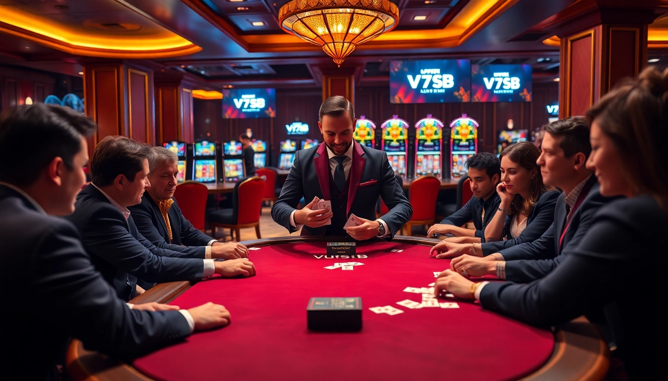 Exciting poker game at V7SB casino with players and cards in an elegant setting