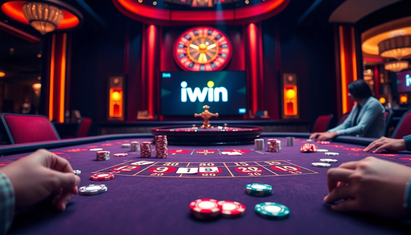 Iwin logo showcased at an exciting casino table with vibrant chips and cards.