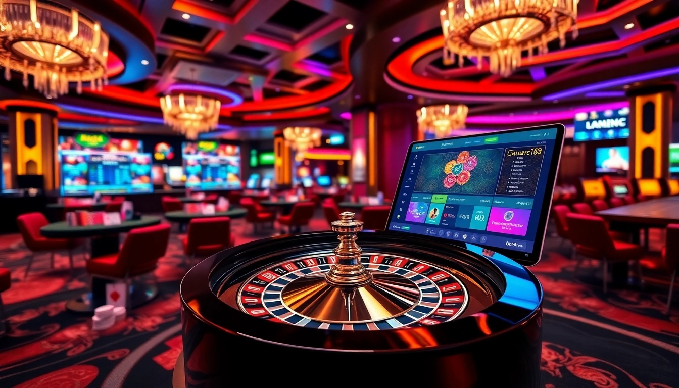 Experience the thrill of uk88 with vibrant casino visuals showcasing poker chips and a roulette wheel.