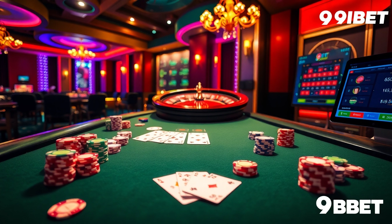9BET poker table scene showcasing vibrant chips, cards, and thrill of casino excitement.