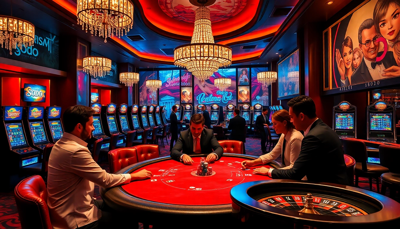 SODO casino scene depicting players enjoying a thrilling poker game amidst vibrant lights and luxurious decor.