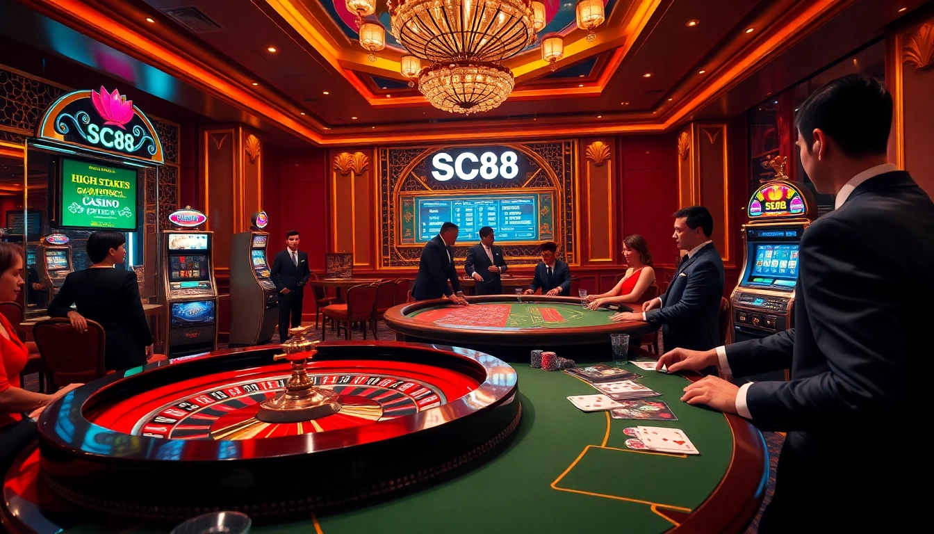 Experience the thrill of gambling with SC88 at an exciting casino scene featuring vibrant roulette and poker tables.