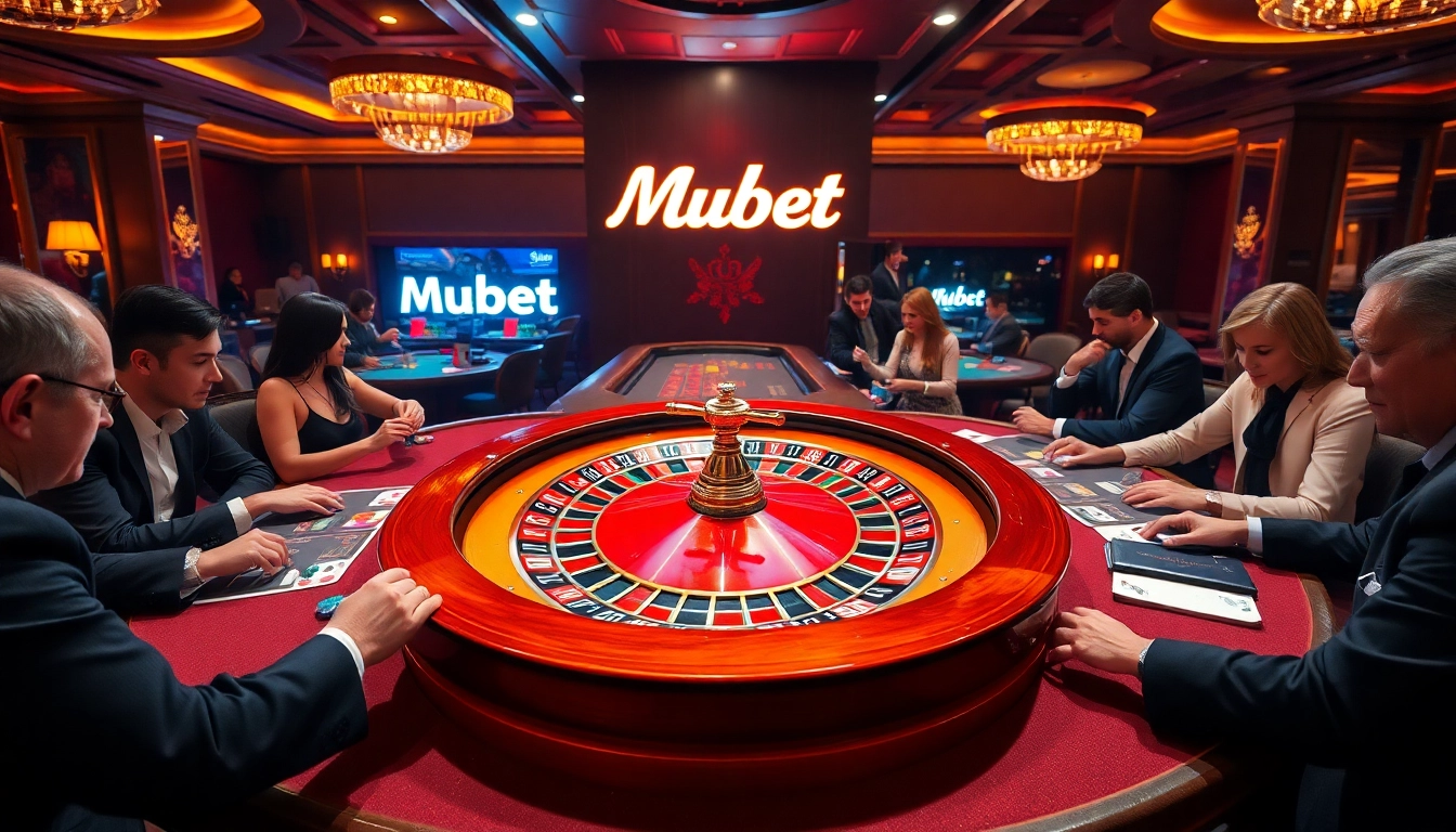 Mubet casino scene showcasing poker players and a vibrant roulette wheel for an exhilarating gambling experience.