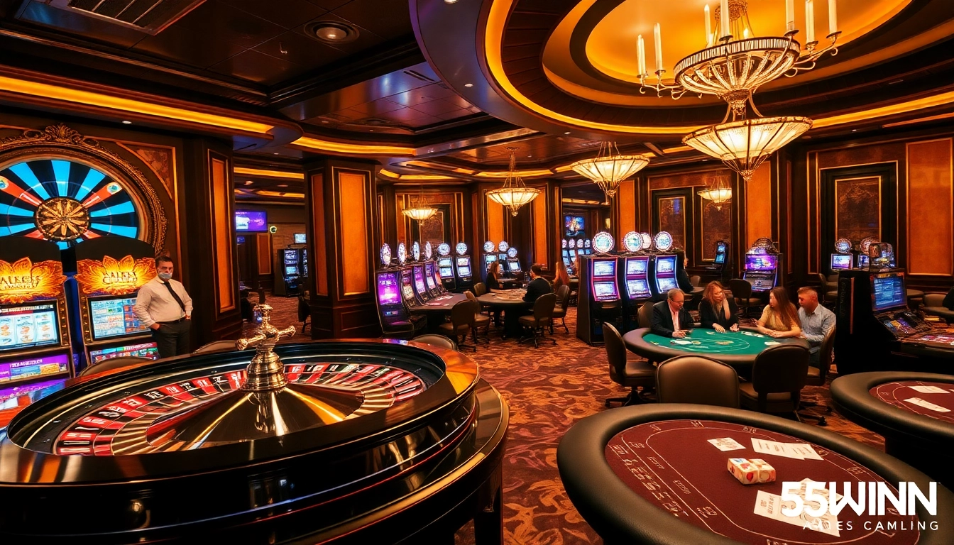 Experience thrilling moments at 555WIN casino with vibrant games and luxury decor.