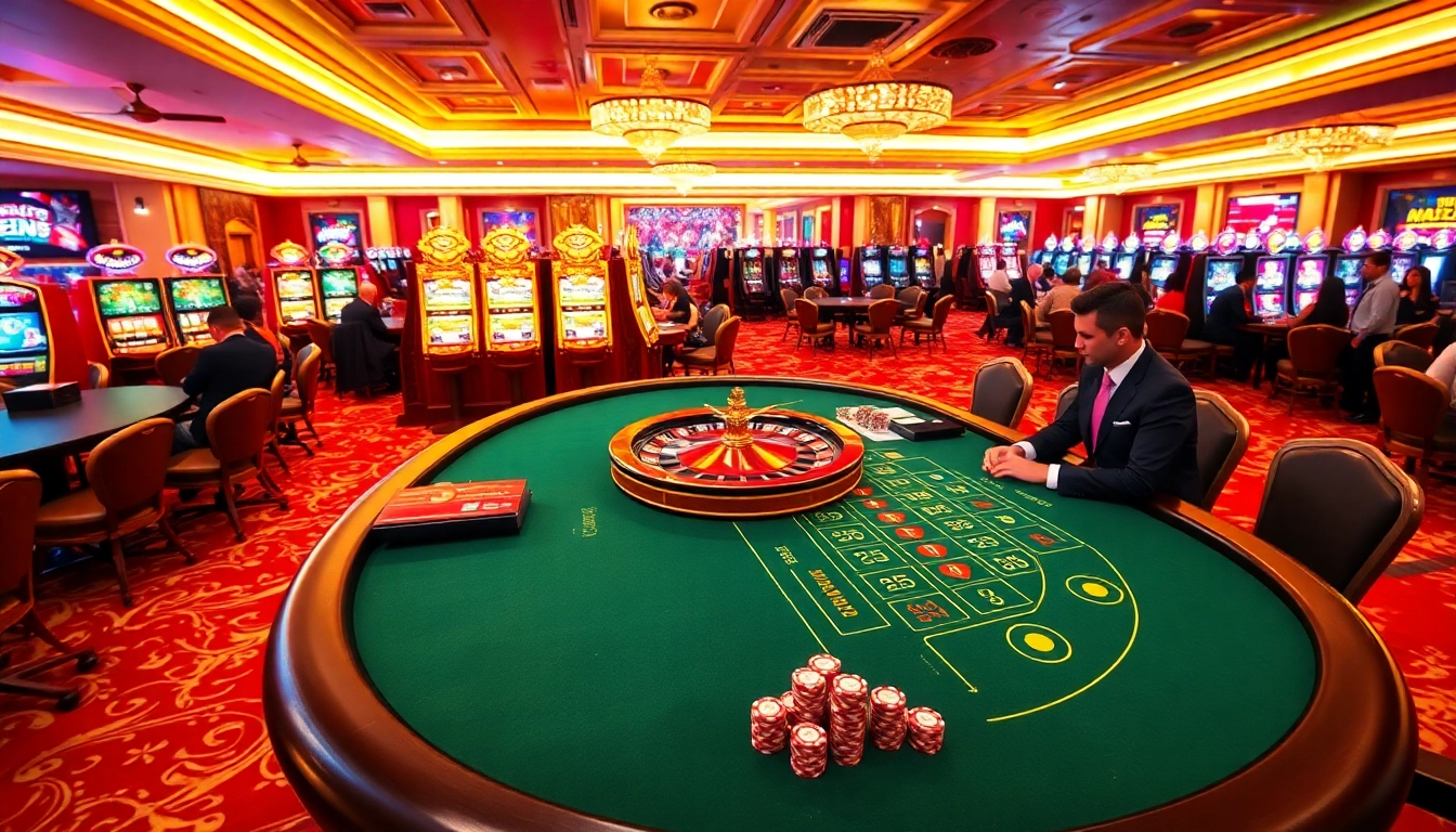 Experience thrilling gambling at https://56win.to/ with luxury casino elements like poker tables and slot machines.