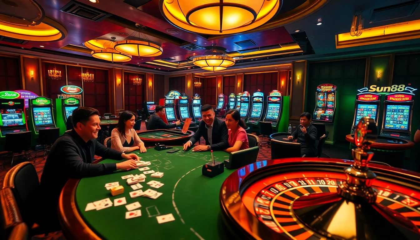 Sun88 casino atmosphere with vibrant gaming tables and a roulette wheel in play.