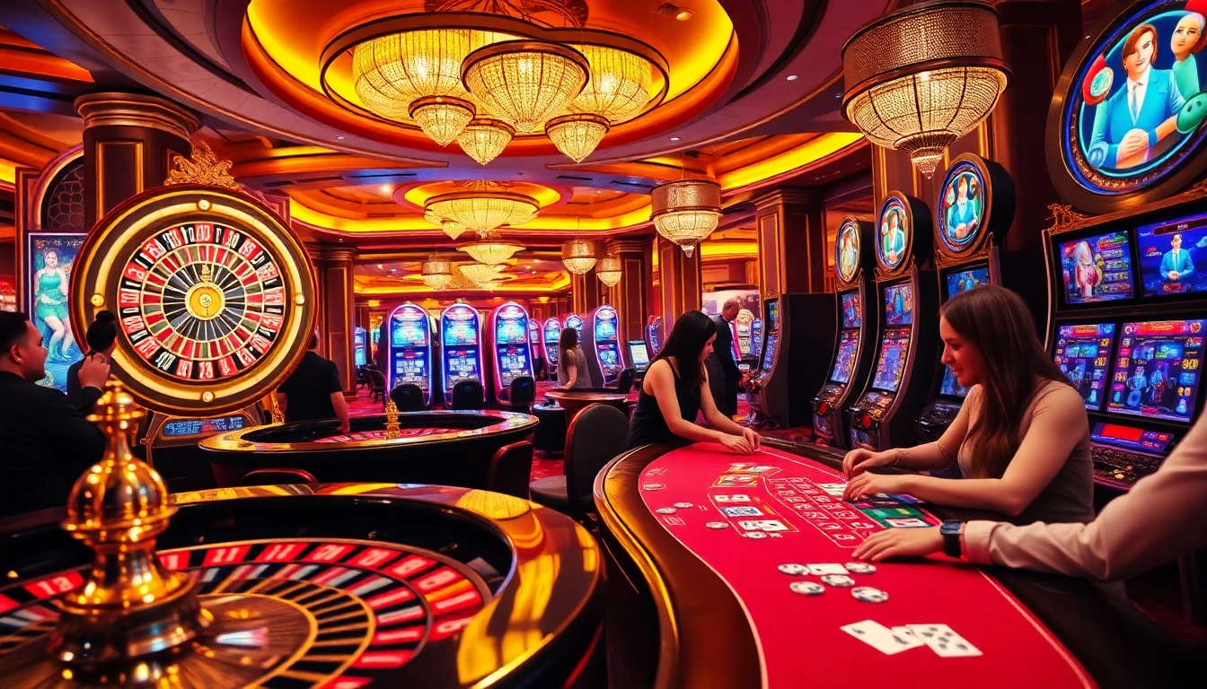 Gamblers engaging with the exciting slot machines and poker tables at 65A casino, creating a vibrant atmosphere.