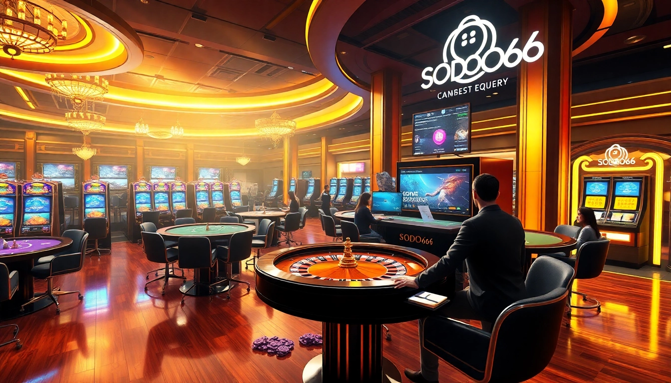 Experience the exhilarating casino ambiance at SODO66, featuring vibrant gaming tables and players engaged in high-stakes action.