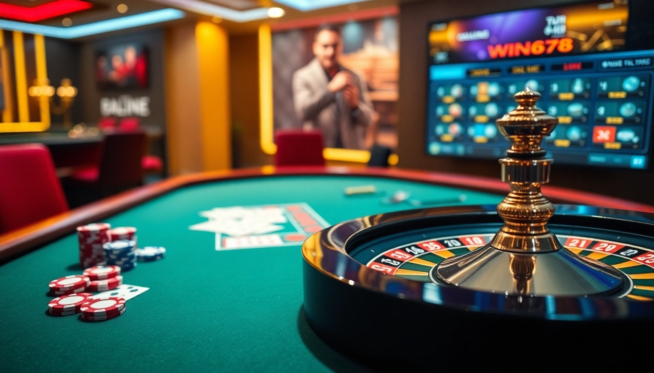 WIN678 players enjoying a thrilling online casino experience with chips and cards.