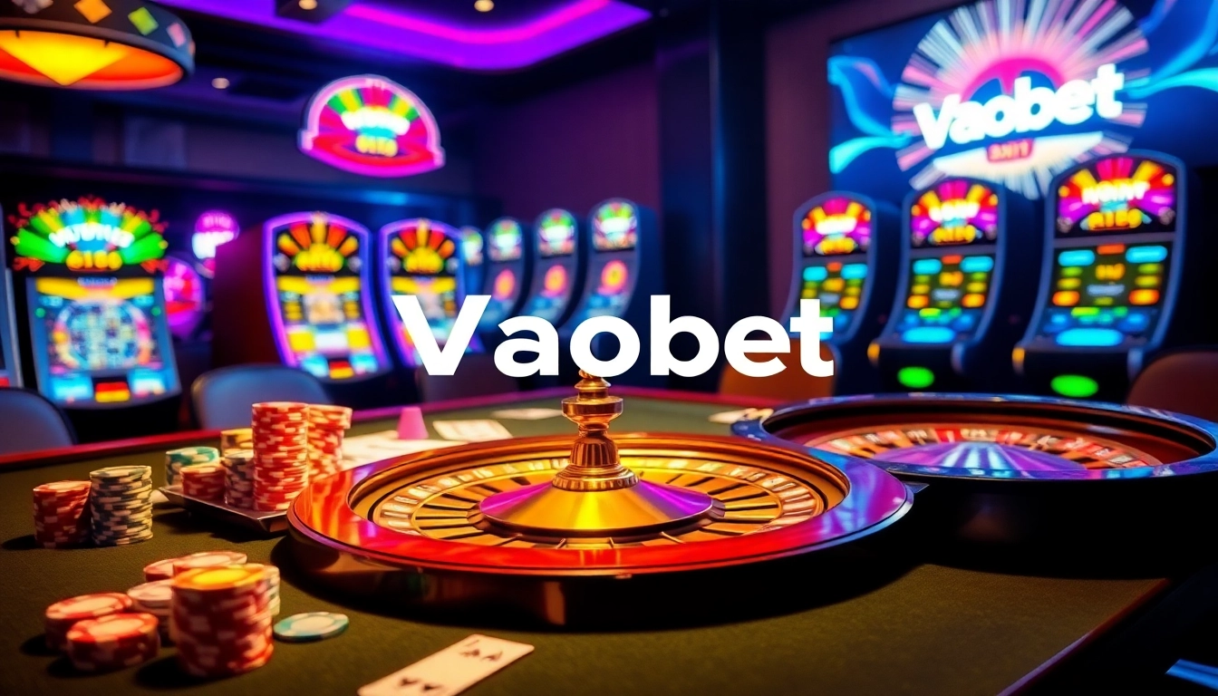 Experience the excitement of gambling at Vaobet with vibrant casino visuals showcasing poker tables and slot machines.