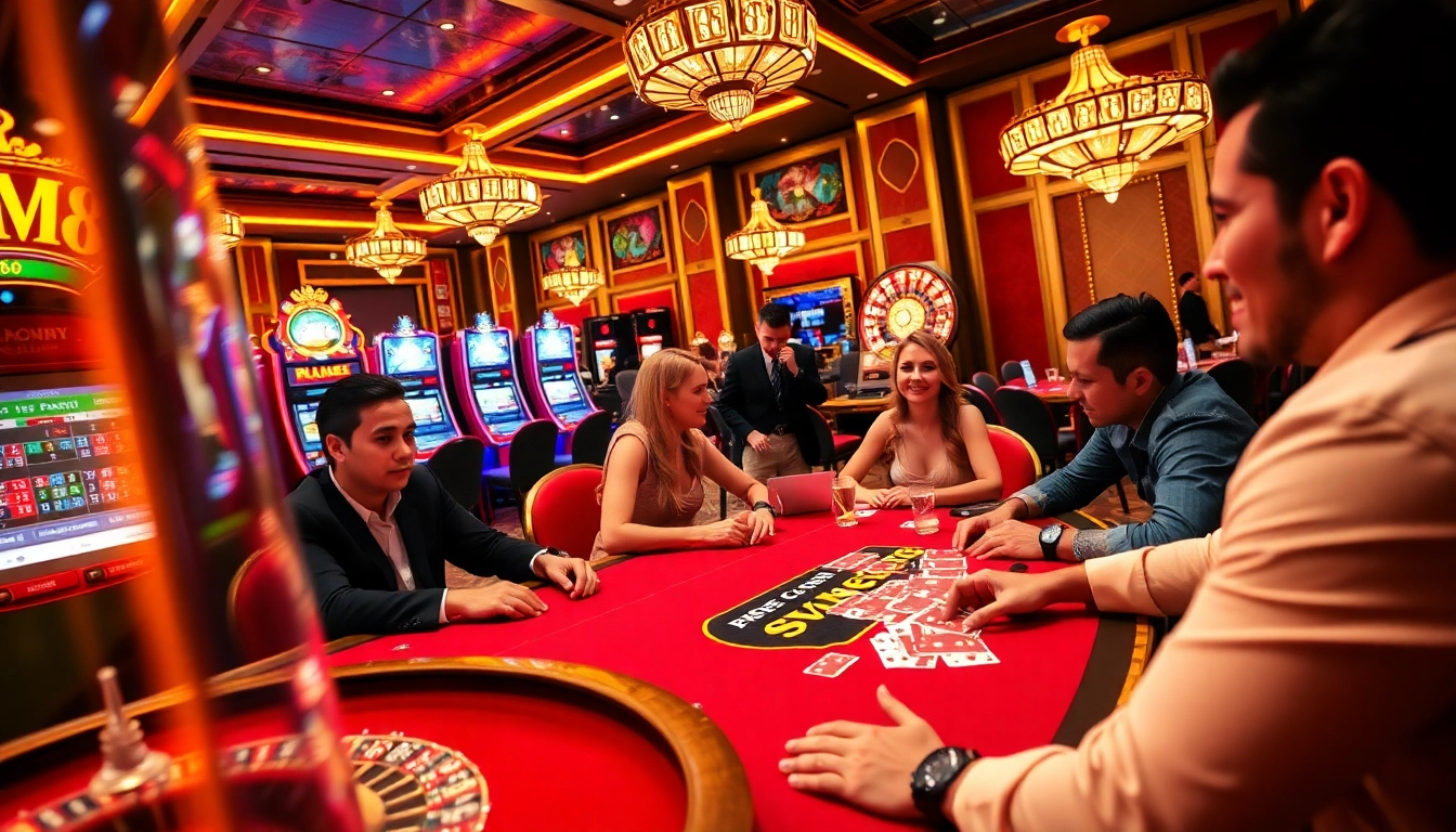 Players enjoying the excitement at SV88 casino tables with vibrant chips and slot machines.