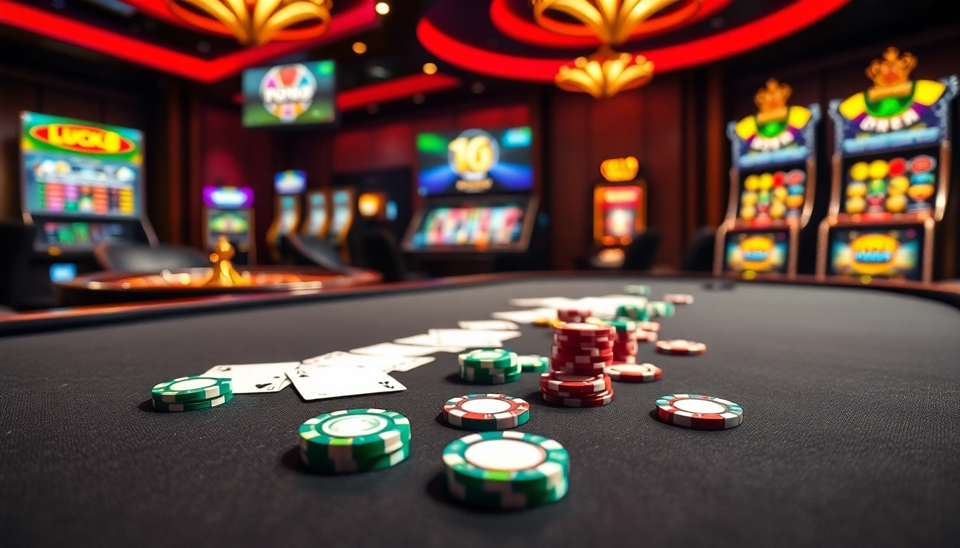 LUCK8 poker table with vibrant chips and cards, creating an exciting casino atmosphere.