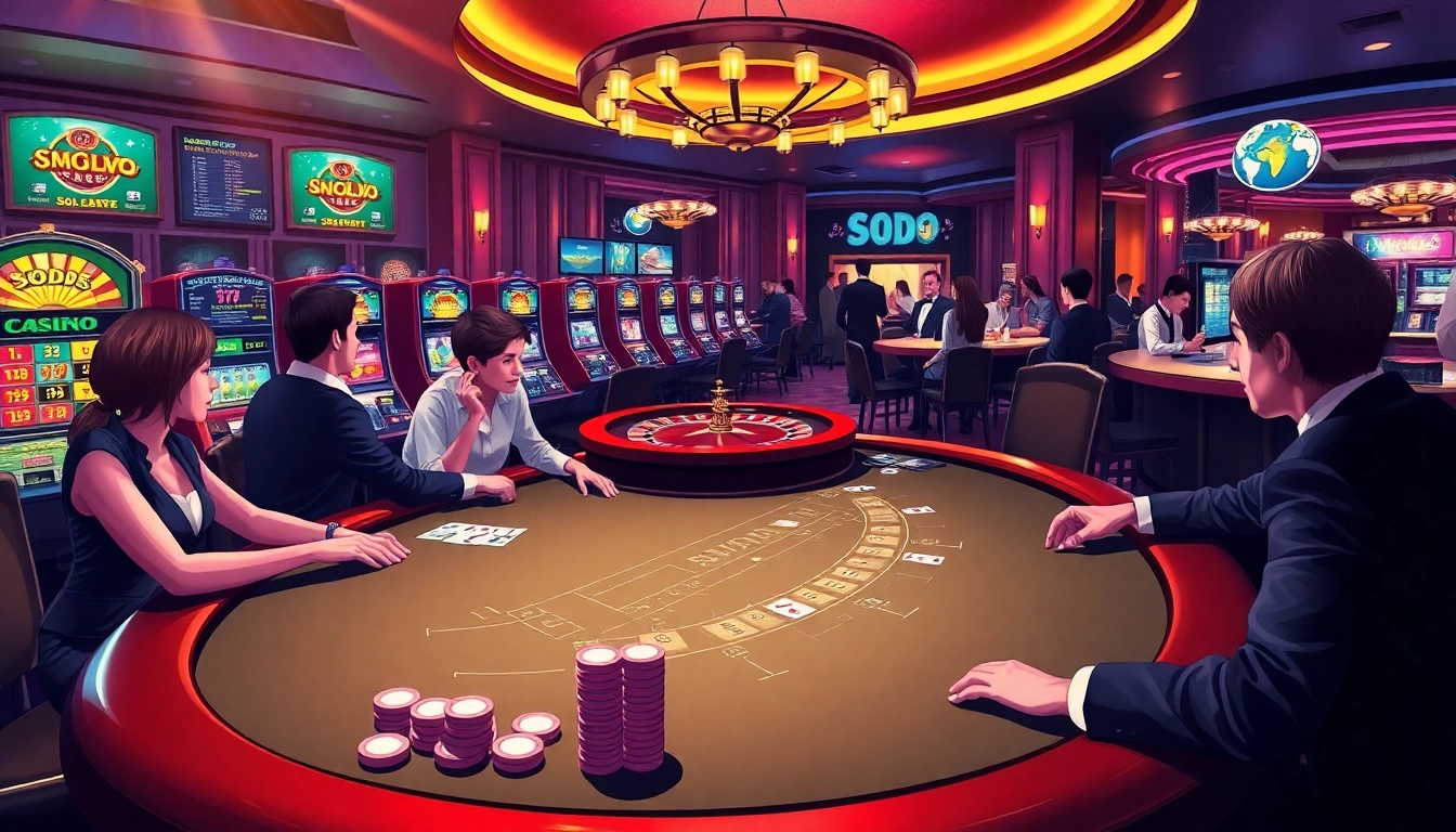 Excited players at the SODO Casino blackjack table, surrounded by colorful slot machines and a roulette wheel.