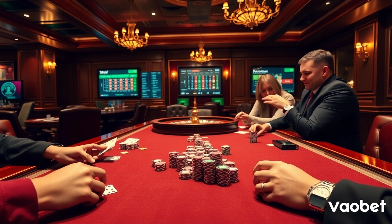 Vaobet players engaged in an exciting poker game with colorful chips and a roulette wheel backdrop.